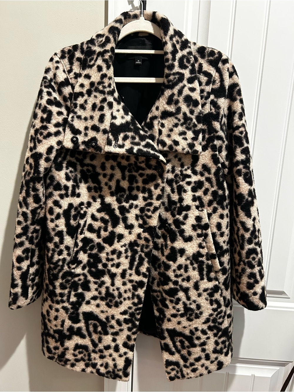 Ann Taylor Leopard-Print Wool-Blend Pea Coat - Black & Cream
